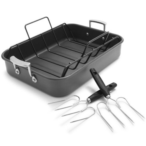 Sur La Table Hard-Anodized Roasting Pan with Nonstick Rack and Bonus Lifters 83343-C , Black