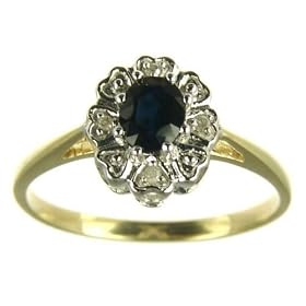 9ct Yellow Gold Ladies Oval Sapphire and Diamond Set Cluster Ring Size M