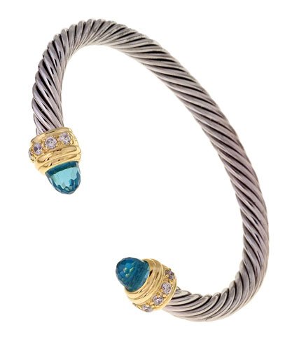 Sterling Silver Blue Topaz and CZ Bangle Bracelet