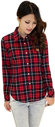 Women New Casual Button Down Lapel Neck Plaids Checks Shirts Long Sleeve Tops Blouse (US Size S, 5)