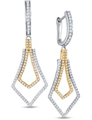 14K White and Yellow Two 2 Tone Gold Round Brilliant Cut Diamond - Halo Prong Set Dangle Earrings - (.76 cttw.)