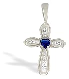 14K White Gold Heart Created Sapphire and Diamond Cross Pendant