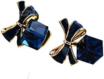 Good Quality Korean Style Block Crystal Rhinestone Bow Stud Earrings (Blue)