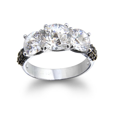 Sterling Silver Black and White Cubic Zirconia 3-Stone Ring by Cheline