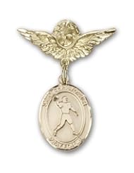 14K Gold Baby Badge with St. Christopher/Football Charm and Angel with Wings Badge Pin