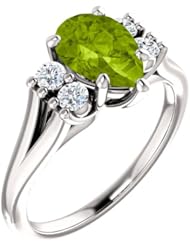 14K White Gold 9.00x6.00mm Pear Cut Peridot and Diamond Ring -- LIFETIME WARRANTY