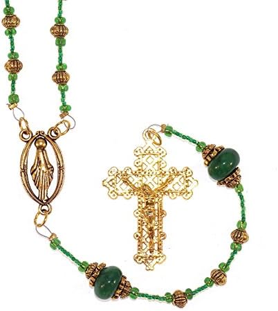 Gold Toned Heirloom Quality Blessed Virgin Mary Medal Vintage Design Pendant Rosary with 5mm Gold Toned Ornate and Capped Jadeite Green Dyed Stone Our Father Beads with Filigree Ornate Crucifix Gift Boxed