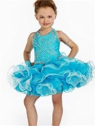 Girls V-neck Organza Floor Length Short Crystal Lace Beaded Flower-Girl Dress/Mini Dress 