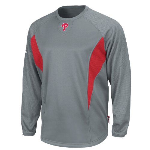 MLB Philadelphia Phillies Adult Long Sleeve Crew Tech Fleece Pllovr (Pro Granite/Pro Scarlet, X-Large)