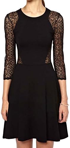 Jayar Women's Half Sleeve Fashion Lace Splice Hollow Out Sexy Pleated OL Dress