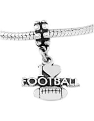 Sterling Silver I Love Football Dangle Bead Charm