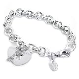 Sterling Silver Rolo w/Diamond Key/Heart Charms Bracelet 7.5