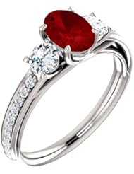10K White Gold 7.00x5.00mm Oval Cut Ruby and Diamond Three-Stone Ring -- LIFETIME WARRANTY