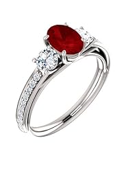 18K White Gold 7.00x5.00mm Oval Cut Ruby and Diamond Three-Stone Ring -- LIFETIME WARRANTY