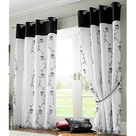 White / Black Eyelet Curtains - Embroidered Lined Voile - Tahiti 56'' x 90''