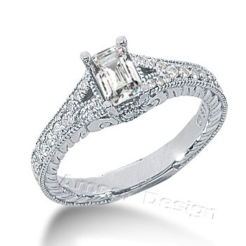 14K White Gold Emerald Cut Diamond Semi-mount Engagement Setting  0.33ct.tw, HI Color, SI2-3 Clarity 