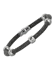 Silver Ruthenium Plated 7.50" 4.85mm Beaded Bangle With 5 Black Station Bead Like Ring And Magnetic Clasp