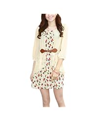 Floral Print Scoop Neck Summer Elasticized   Waistline Puff Sleeves Chiffon/Faux-Leather  Dress