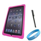 Silicone Skin Pink Case for Apple iPad + Black Stylus + Wristband