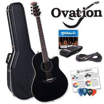 Ovation 1861AX-5 Standard Balladeer Super-Shallow AcousticElectric Guitar Starter Kit Hard Case Ultra Stand Planet Waves 16 Pick Sampler Pack Guitar Strings Guitar Strap Planet Waves 10 Cable