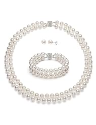 PremiumPearl 6.5-7mm Double Strand White Freshwater Pearl Set AA+ Quality With Sterling Silver Clasp