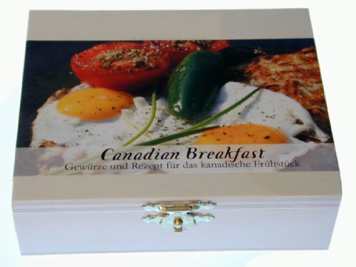 Gaumenfreude - CANADIAN BREAKFAST -- Gewürzset für leichten Genuss. 8 Gewürze befinden sich in einem dekorativen Holzkasten -- Beinhaltet die Geschichte des Gerichtes, eine Inhaltsbeschreibung der Gewürze, das Originalrezept und eine Einkaufliste. Ein ideales Geschenk für Kochkünstler & Hobbyköche, solche, die es werden wollen und alle, die neugierig auf fremde Welten sind. Maße: 11,4 x 9,5 cm, 3,4 cm hoch