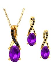 1.46 Ct Oval Purple Amethyst Gemstone 14k Yellow Gold Pendant Earrings Set