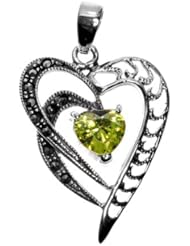 Sterling Silver Peridot CZ Marcasite Heart Pendant Cute Charm Pure 925 New 33mm with 1mm Box Chain