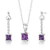 Sterling Silver 2.00 carats total weight Princess Cut Amethyst Pendant Earrings and 18 inch Necklace Set