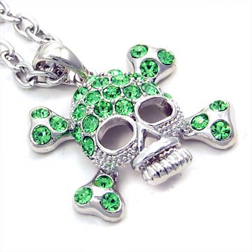 Green Crystal Skull and Crossbone Necklace Fashion Jewelry