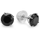 14k White Gold Solitaire 2.00 CT Round Basket Setting 6mm Black Cubic Zirconia CZ Stud Earrings with Silicon covered Gold Pushbacks