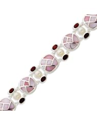 Sterling Silver Pearl And Garnet Color CZ & Pink Mother of Pearl Bracelet - 7 Inch