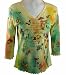 Cactus Fashion 3/4 Sleeve, Rhinestone Studded, Artfully Printed Yellow Colored Ruffled V-Neck Top - Tropical Cocktail
