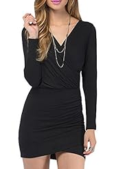 Sexy V-neck  Pleated Long Sleeves Cotton Bodycon Dress/Club Dress/Evening Dress/Mini Dress  With Ruffles