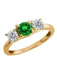 1.38 Ct Round Green Created Emerald G/H Diamond 18K Yellow Gold Ring