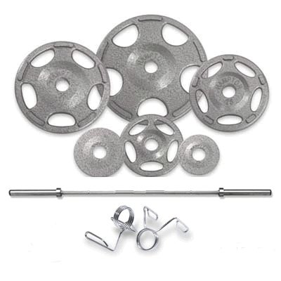 255 Pound Olympic Cast Iron Grip Plates Weight Set Plus 42 Pound Bar & Collars