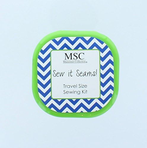 Travel Sewing Kit in a Green Holder with a Blue and White Chevron Print Lid. Kit Includes a Mirror on the Inside, Small Scissors, Black and White Thread and 2 Sewing Needles.
