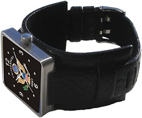 "U.S. Army" Classic Emblem Satin Finish 316L Stainless Steel Watch Case with a Black Leather Wide Cuff Strap