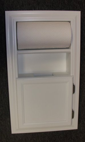 (MPU-8) Solid wood recessed in the wall paper towel holder dispenser PLUS trash can unit inset into the wall! Enamel finish or stain finish, uses standard small garbage bags. Spring loaded paper towel roller.
