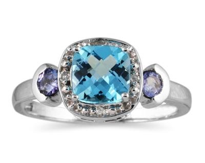 Cushion Cut Blue Topaz & Tanzanite and Diamond White Gold Ring