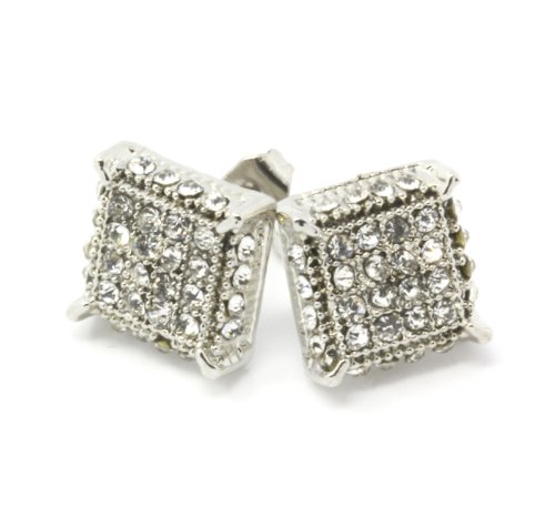 Mens Silver Tone Clear Cz Cube Iced Out Hip Hop Micro Pave Stud Earrings
