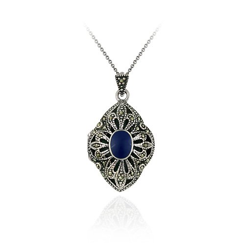 Sterling Silver Diamond Shaped Genuine Marcasite Lapis Locket