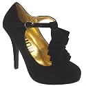 Womens Black Suede Ruffled T-Bar High Heel Shoes