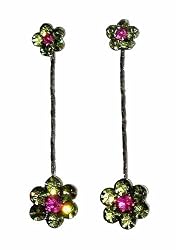 Earrings - E129 - Swarovski Crystal Flower Drop ~ Olivine (Green) & Fuchsia