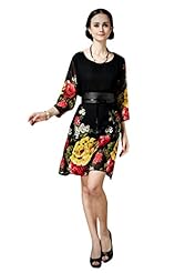 Belted Lace Floral Print Cocktail Chiffon  Shirt Party Dress/Jumper 
