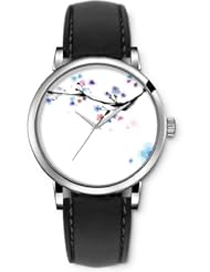 SPRAWL Aanalog Fashion Series Silver Ladies Watches of Genuine Black Leather Strap,Unique Wrist Watch for Women Girls Designed with Colorful flowers
