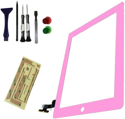 YB Planet iPad 2 Digitizer Screen Replacement PINK + 3M Pre-Cut Adhesive + Metal Opening Pry Tool + Six Piece Complete Tool Set
