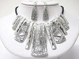 Beautiful Icon Collection Antique Silver Tribal Bib Necklace and Earrings Set on Black Braided Cord