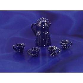 <b>Miniature Blue Spatterware Coffee Pot and Cups</b>