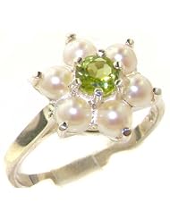 High Quality Solid 925 Sterling Silver Genuine Natural Peridot & Pearl Cluster Ring - Finger Sizes 4 to 12 Available